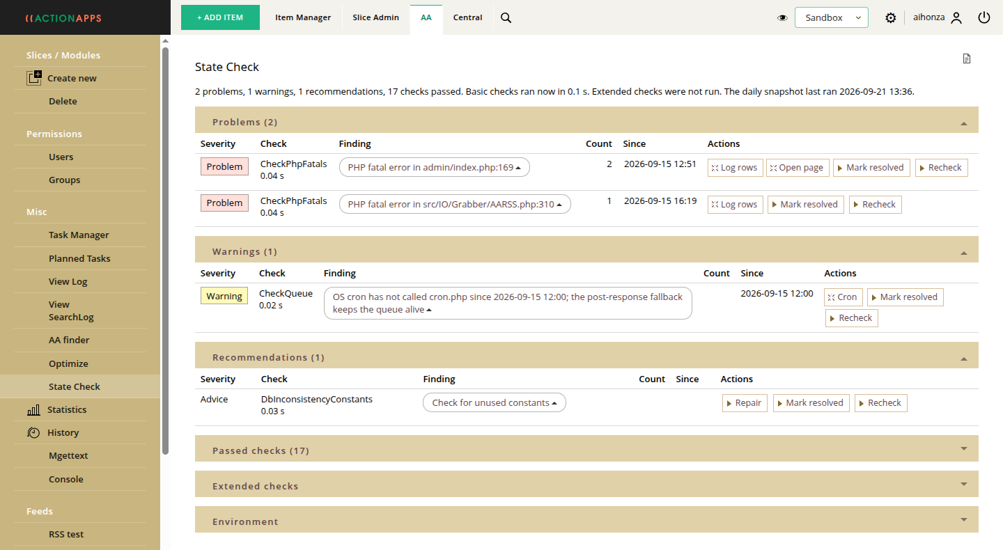 The State Check page with its list of findings