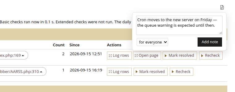 Adding a note from the corner of an admin page
