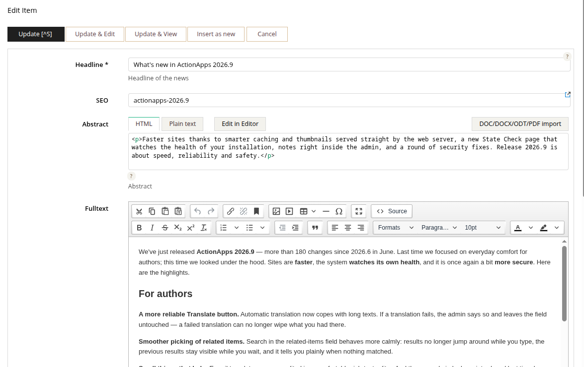 Item form: the abstract as highlighted HTML and the full text in the new rich-text editor
