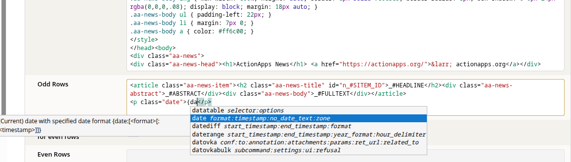 The template editor offering AA commands with their parameters